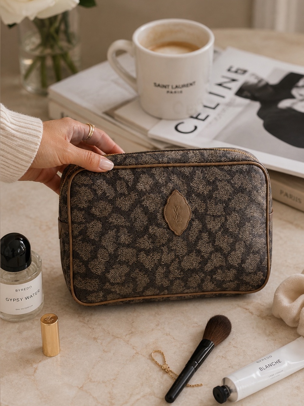 Yves Saint Laurent Vintage Cosmetic Pouch Tan Gray Monogram Travel Case YSL